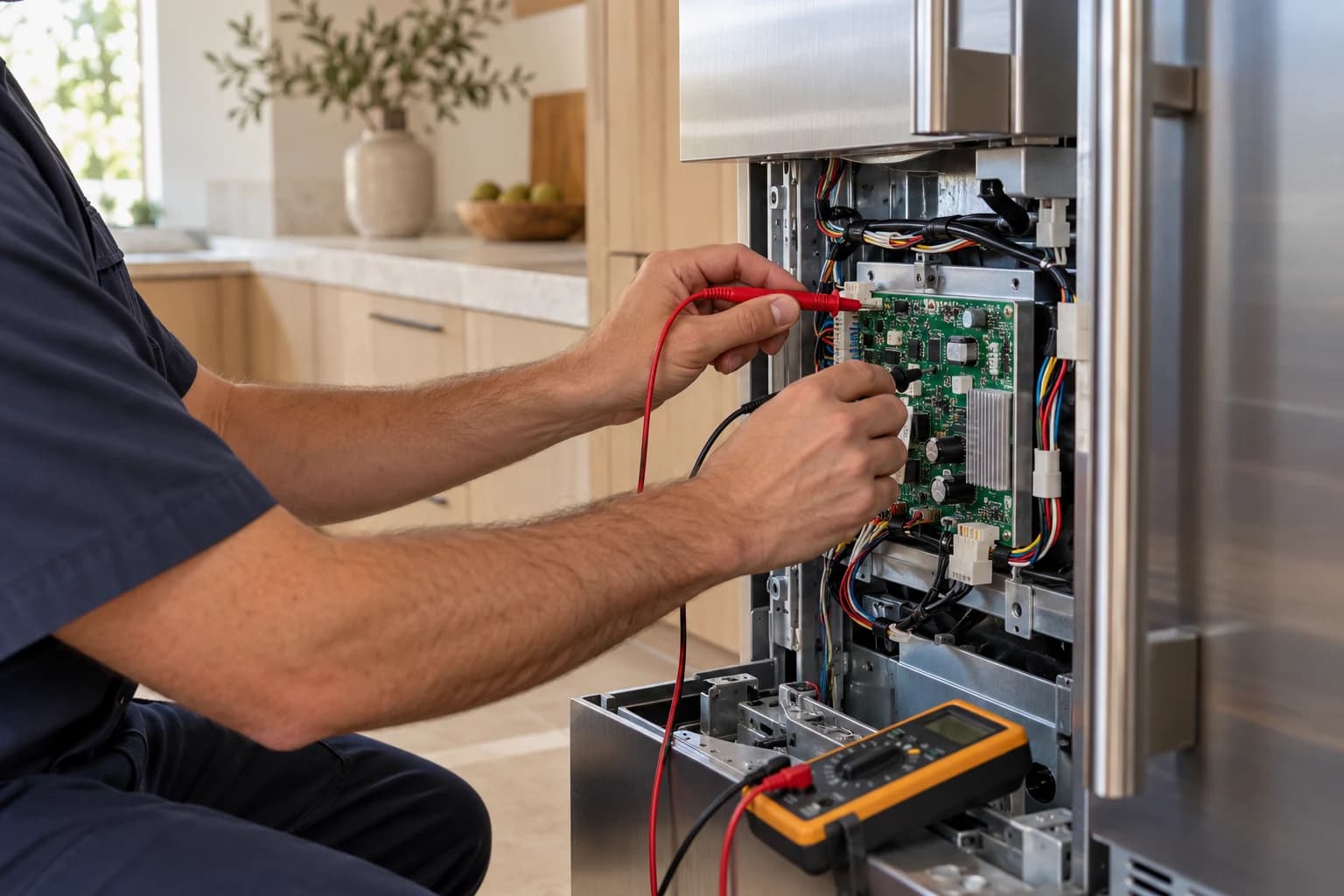 Illustrative close-up of a technician testing refrigeration control electronics